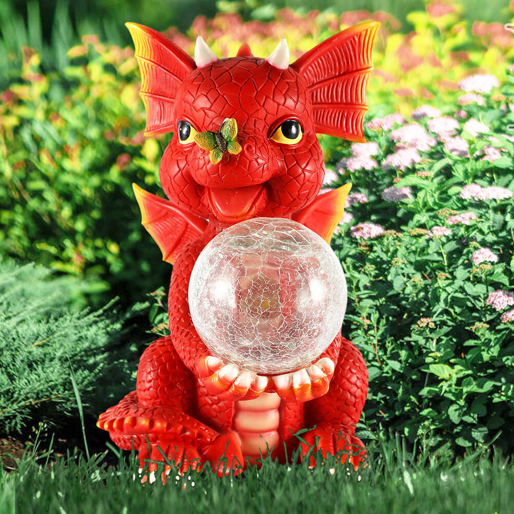 Resin Dragon Figurine with Solar Crackle Globe Light Durable Cute