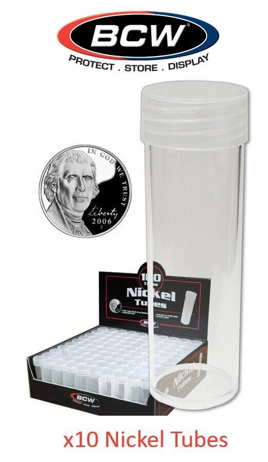 10 Round US Nickel 5 Cent Clear Plastic Coin Storage Tubes w/ Screw On Caps  BCW
