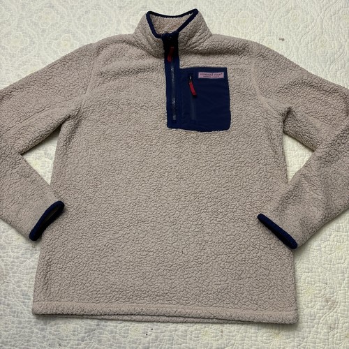 Vineyard Vines Sweater XL Tan Blue Pullover 1/4 Zip Sherpa Fleece Youth - Picture 4 of 8