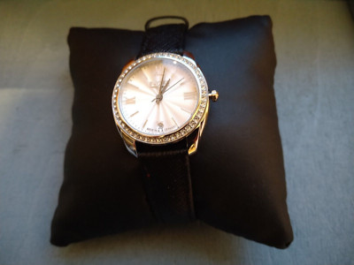 Elysee Hochwertige Damen-Uhr 28600B Edelstahl mit schwarzem Lederarmband Saphir