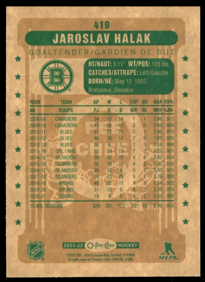 2021-22 O-Pee-Chee Jaroslav Halak #419 - Image 2 of 2
