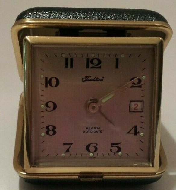 TRADITION Alarm Clock in Folding Black Case w/Gold Trim Alarm & Auto Date NICE