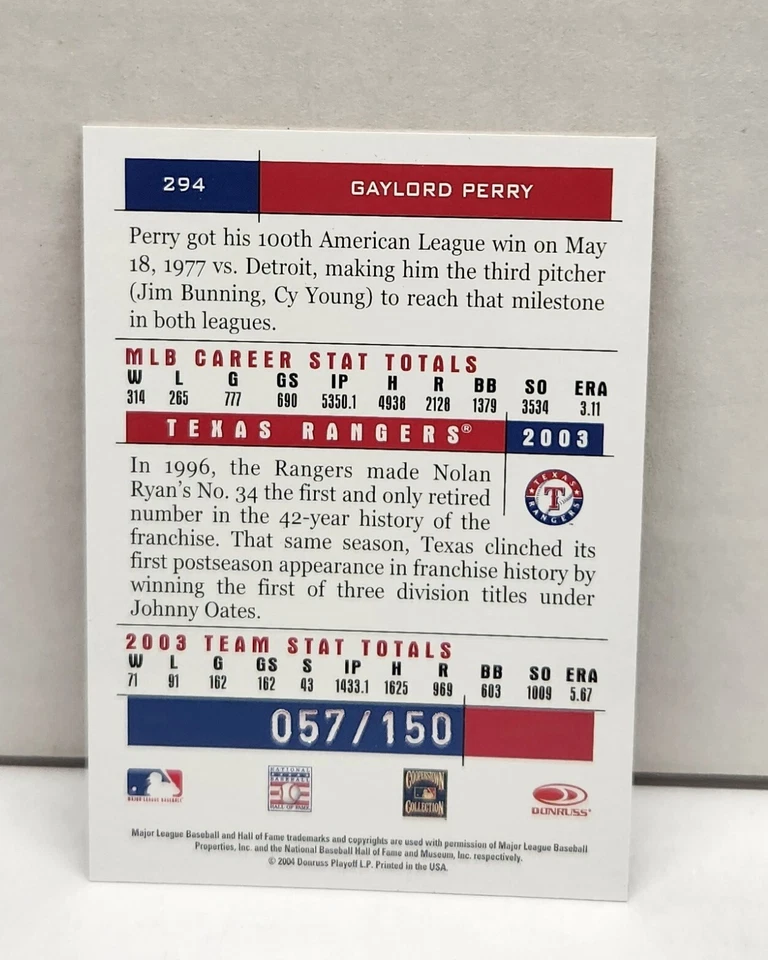 GAYLORD PERRY 2004 Donruss Team Heroes SHOWDOWN BRONZE /150 ~ RANGERS - Image 2 of 3