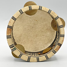 Wood Tambourine Brass Jingles Hide Head 5.25in Folk Art Hand Percussion Vintage