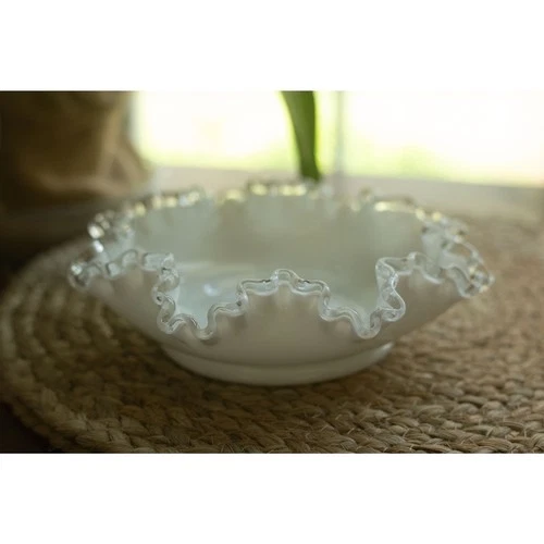 VTG Fenton Silver Crest White Milk Glass Footed Bowl Candy Dish Compote Ruffled