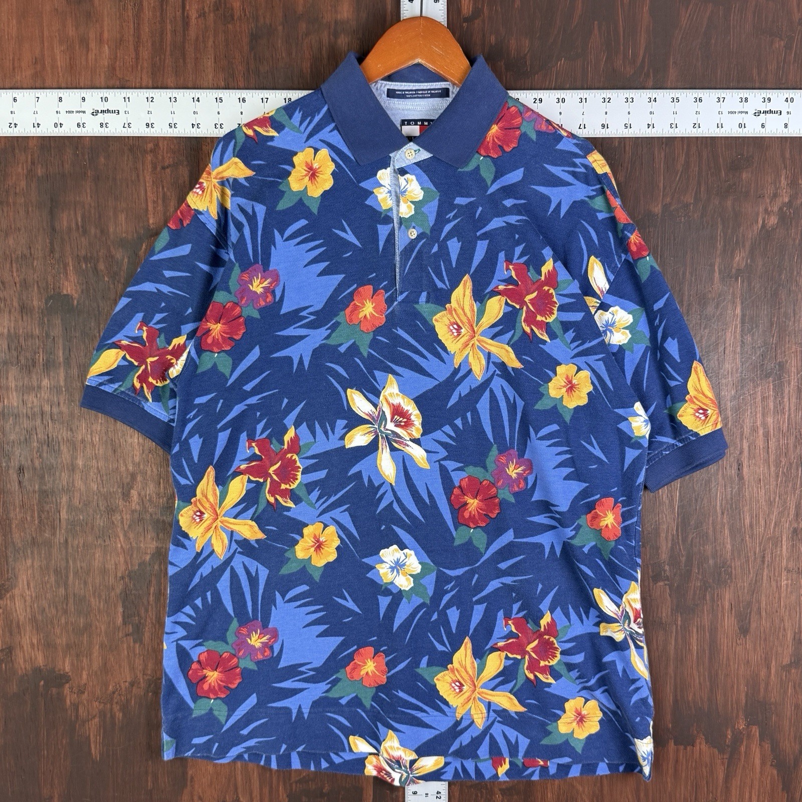 Tommy Hilfiger Flower Orchid All Over Print Polo Shirt BlueMen Large Vintage 90s