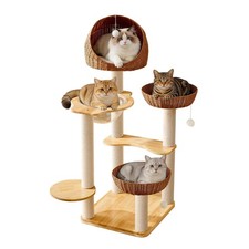 50in Solid Wood Cat Tree for Indoor Cats with Wicker Beds