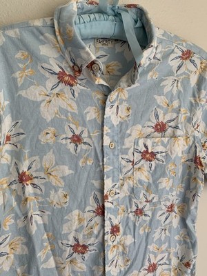 S Faherty Breeze Hawaiian Button Shirt Blue Floral Preppy Workwear Hemp Blend