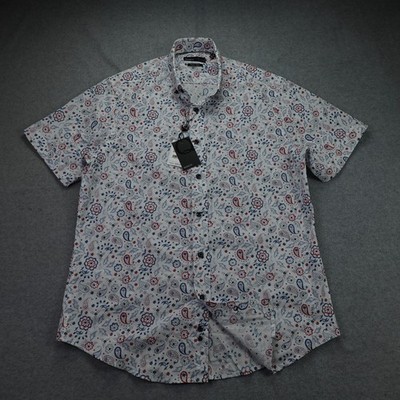 Quieti Shirt Mens Medium White Multi Paisley Stretch Short Sleeve Button Up