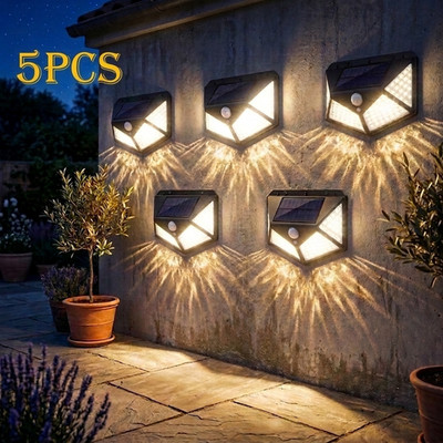 5 Pack Solar Outdoor Wall Lights, PIR Motion Sensor IP65,3000lm, 1500mAh,90LED