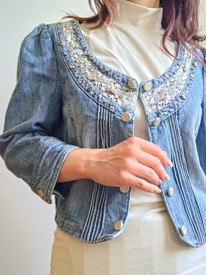Jeans Kurzjacke mit Strass & Perlen | Gr. S
