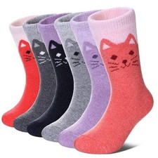 Wool Socks for Kids Boys Girls Winter Warm Wool Hiking 8-12 Years 6 Pairs Cat