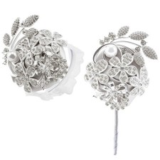 2 Pcs Artificial Corsages Wrists Silver Gray Pearl Diamond Flower Rhinestone ...
