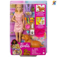 Barbie Doll Pet Set with Dog and 3 Surprise Puppies Color Change Toys for Girls