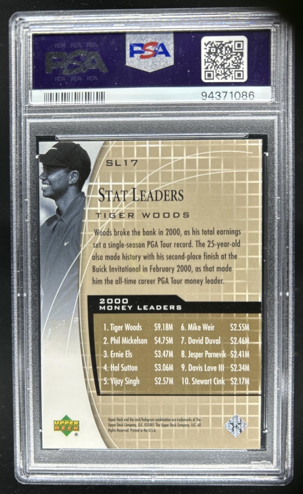2001 Upper Deck Tiger Woods Stat Leaders RC #SL17 PSA 10 GEM MINT Rookie view 2