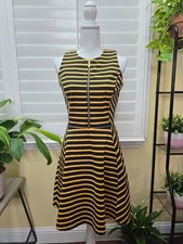 MK Navy Blue Yellow Zipper Front Flare Cocktail Preppy Dress Size Small