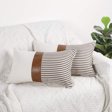 12X20 Pillow Covers Set of 2 Farmhouse Decor Stripe Patchwork Linen Throw Lumbar