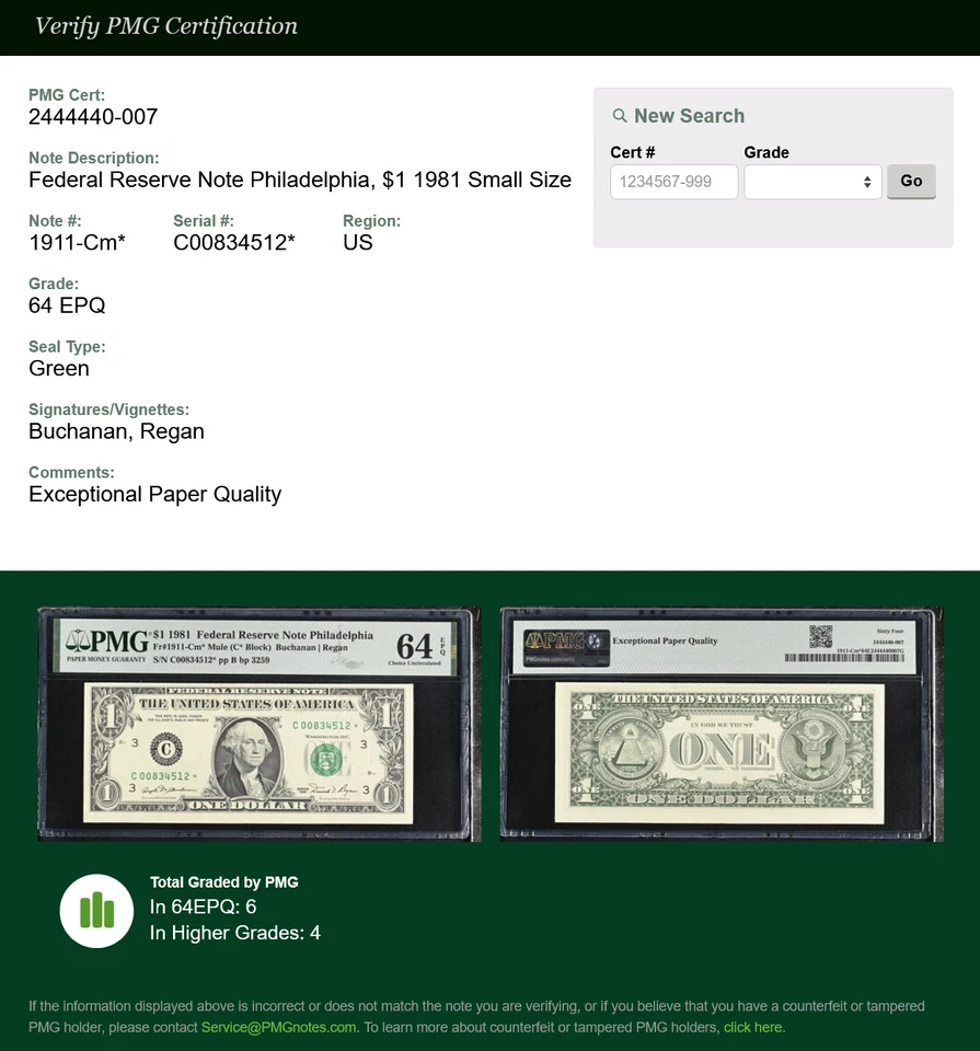 1981 $1 PHILADELPHIA MULE STAR NOTE PMG 64 EPQ From 8K Print Group Fr 1911-Cm* - Image 4 of 4