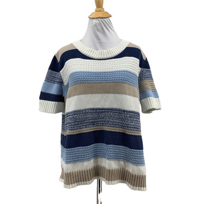 Akris Punto Sweater Womens 14 Organic Cotton Short Sleeve Knit Striped Crewneck