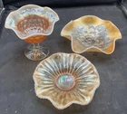 3 VINTAGE CARNIVAL DUGAN PEACH OPAL COIN DOT COMPOTE BELLS & BEADS JEWELED HEART