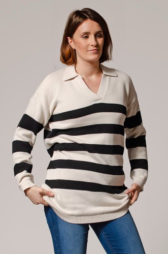 Elfenbein Schwarz Streifen Reine Baumwolle Kragen Pullover Longline - Bild 3 von 4