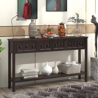 Rustic 60 In. Espresso Standard Rectangle Wood Console Table with 4-Drawers and
