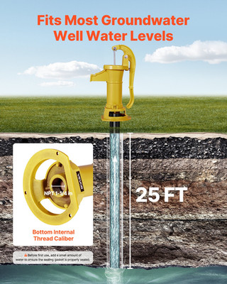 Well Hand Pitcher Pump, 25 ft Maximum Lift, Yellow