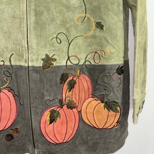 Quacker Factory Suede Leather Jacket Size Large Green Pumpkin Embroidery NWT - Picture 8 of 9