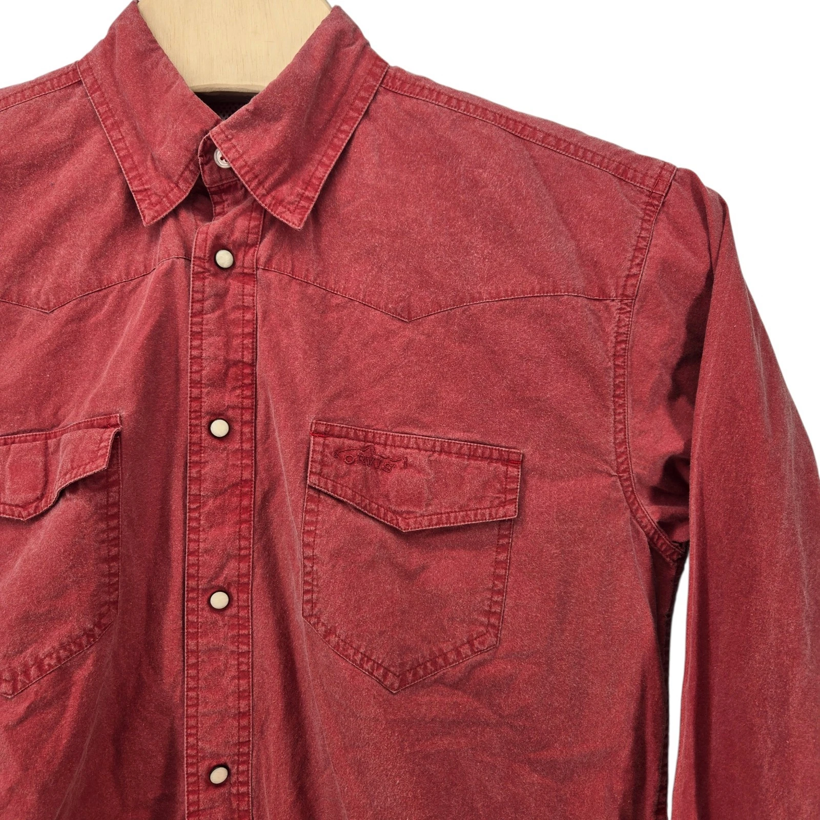 Orvis Shirt Mens Large Trout Bum Pearl Snap Button Up Fishing Hiking Faded Red