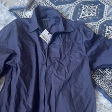 Men's Navy Blue Collared Button-Up Short Sleeve Shirt Solid Size S