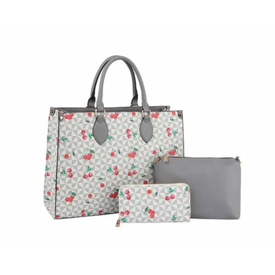Fashion Cherry Monogram Satchel with Wallet 3 in 1-Gray