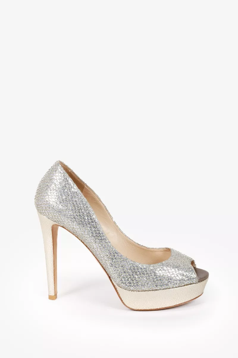 Jimmy Choo Silver Glitter Peep Toe Pumps Size 37