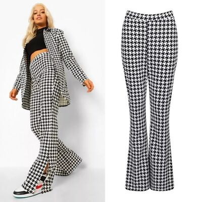 Boohoo High Waisted Dogtooth Check Split Front Trousers Size 12