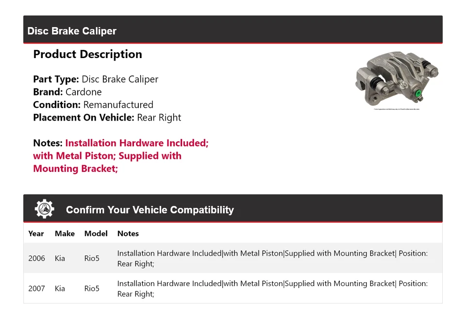 Pinza de freno de disco trasera derecha Cardone para Kia Rio5 2006-2007 Foto 2 de 4