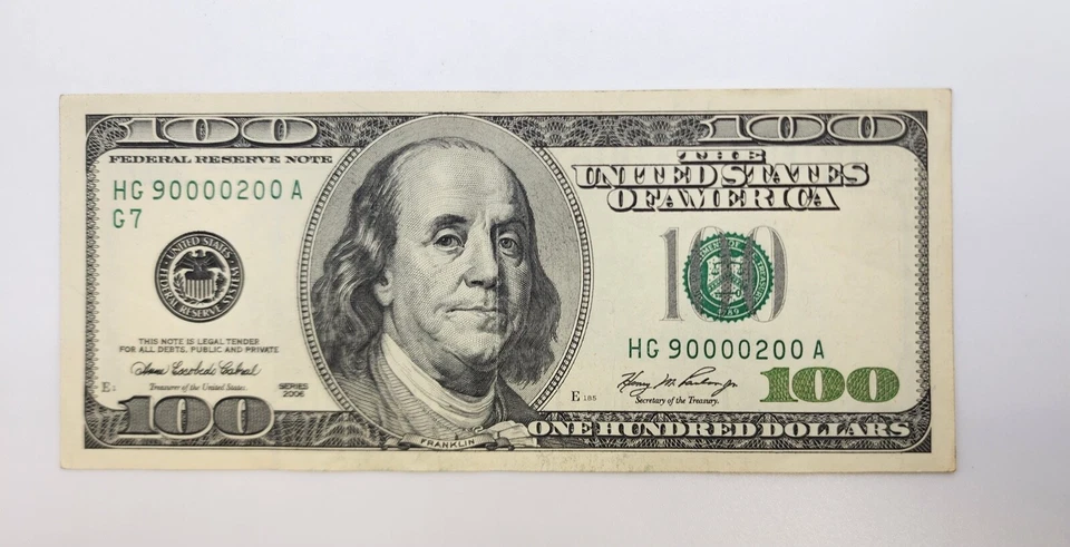 2006 $100 Fancy Numbers One Hundred Dollar Bill HG 90000200 A - Image 3 of 3