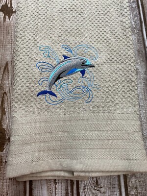 Embroidered Mainstays Grey Kitchen Hand Towel Dolphin jumping in Waves BS2790