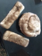 Vintage Real Fur Hand Made PillBox Fur Hat, No Name No Size With Matching Cuff