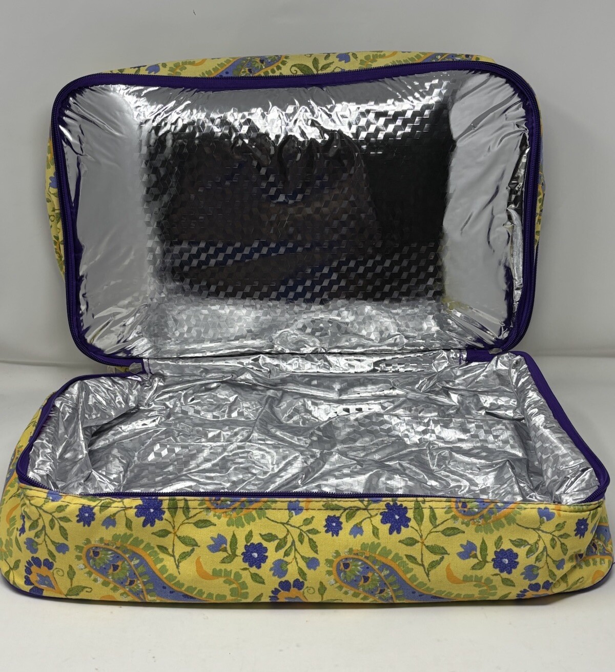 Casserole Carrier Oak & Olive Perfect Picnic 2 zippered areas NEW Purple yellow