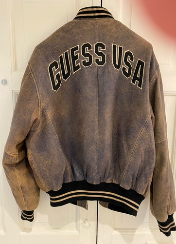 GUESS genuine vintage varsity style Antiqued leather bomber jacket - Picture 7 of 9