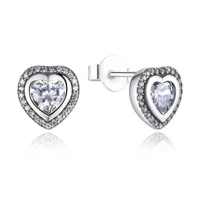 Bamoer S925 Silver Stud Heart earrings With Shine Clear Crystal women Jewelry