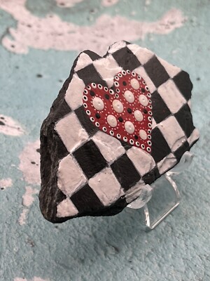 Black and White Checkered  with Red Dot Art Heart on Natural Slate Painted Stone