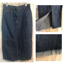 vtg 90s RALPH LAUREN JEANS CO Midi Jean Skirt Sz 6 Blue Denim Fringe Hem Slit