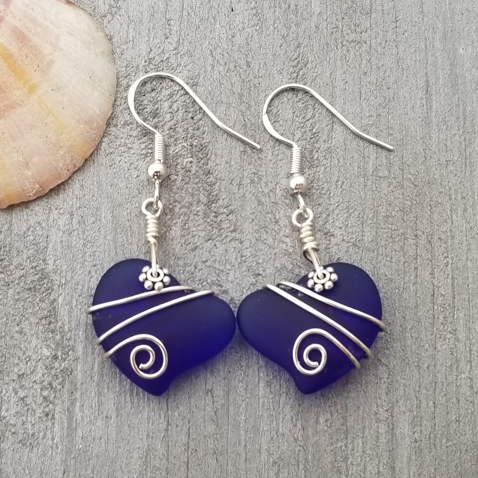 Hawaiian Jewelry Sea Glass Earrings, Wire Cobalt Blue Earrings Heart Earrings,