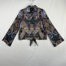 Rachel Zoe Top Womens  XS Button Front Blouse Tie Hem Retro Paisley Satin New