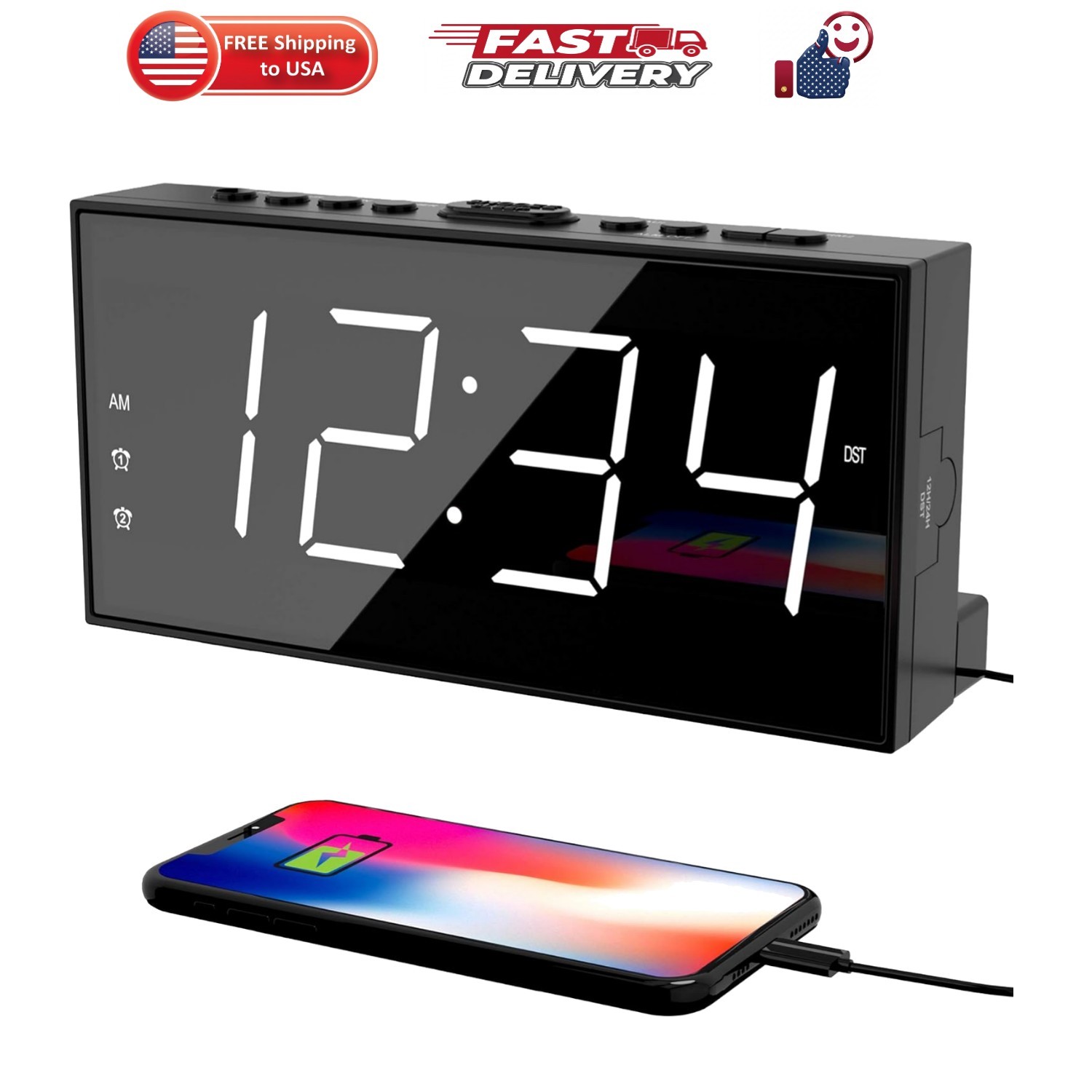 Digital Alarm Clocks for Bedrooms, Dual Alarms, 7.5-Inch Large Display