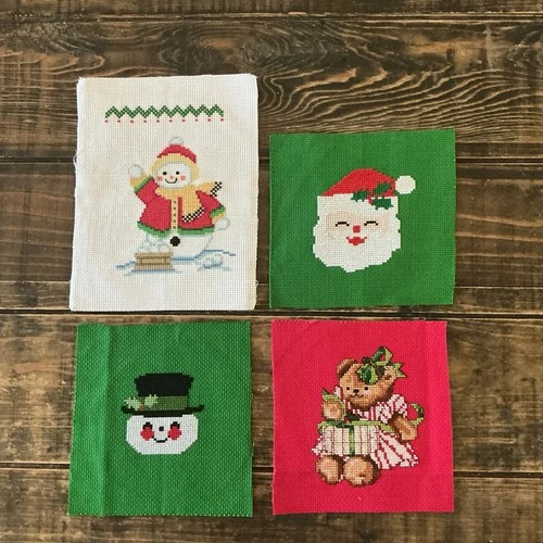 Completed Cross Stitch Pieces Christmas Themed Teddy Bear, Santa, Snowman