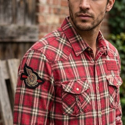 Rolling Paper Shirt Sz L Red Plaid Logo Patches Flannel Pearl Snap Shirt