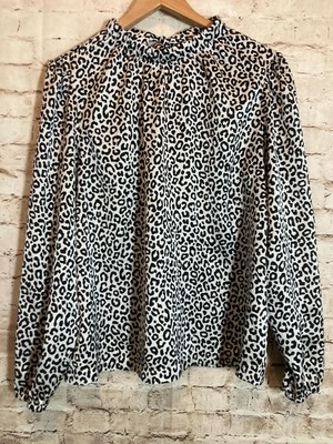 Ann Taylor Top Womens Large Black White Satin Cheetah Leopard Print Tie Back