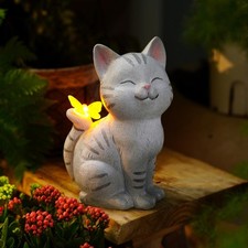 Solar Garden Cat Statue with LED Butterfly Waterproof Outdoor Decor for Yards