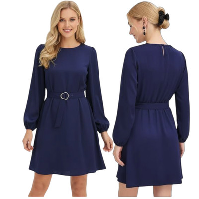 Damen Business Kleid Mini Langarm Gürtel Dunkelblau Elegant Bequem M bis 4XL